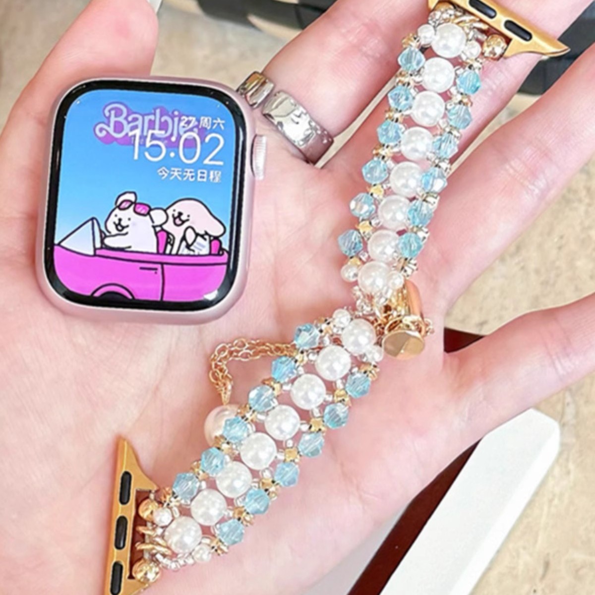 适用apple watchS10苹果手表带水晶珍珠手链轻奢百搭腕表饰品女式