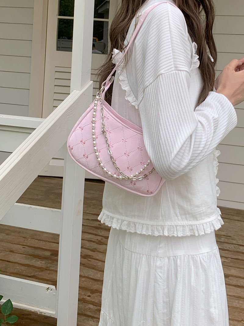 181g Weight Pearls, Sewing Thread, Chain Fashion Element Zipper Closure Type Single Shoulder Strap Strap Type Shoulder Bag Bags Type Casual, Daily, Shopping Occasion Pu Leather Material Solid Color, Bow Knot Pattern All Seasons Season Women's Gender Cute Style Square Shape Women's Pu Leather Solid Color Bow Knot Cute Pearls Sewing Thread Chain Square Zipper Shoulder Bag 4