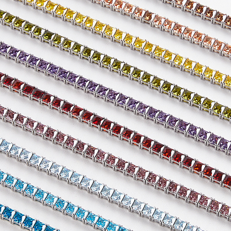Chain Bracelet with Square 4*4 Single-Row Full Diamond Tennis Chain and Colorful Zircon, Fashionable and Versatile for Daily Wear