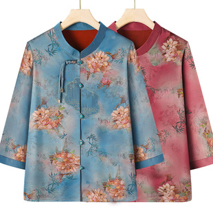 Mom's Spring Clothing 2025 New Imitation Silk Shirt Elderly Women's Clothing Grandma's Clothing Summer New Chinese Shirt Suit