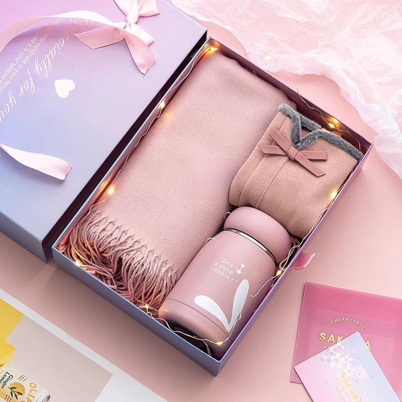 Pink scarf + german velvet gloves + thermos cup + rabbit + brooch