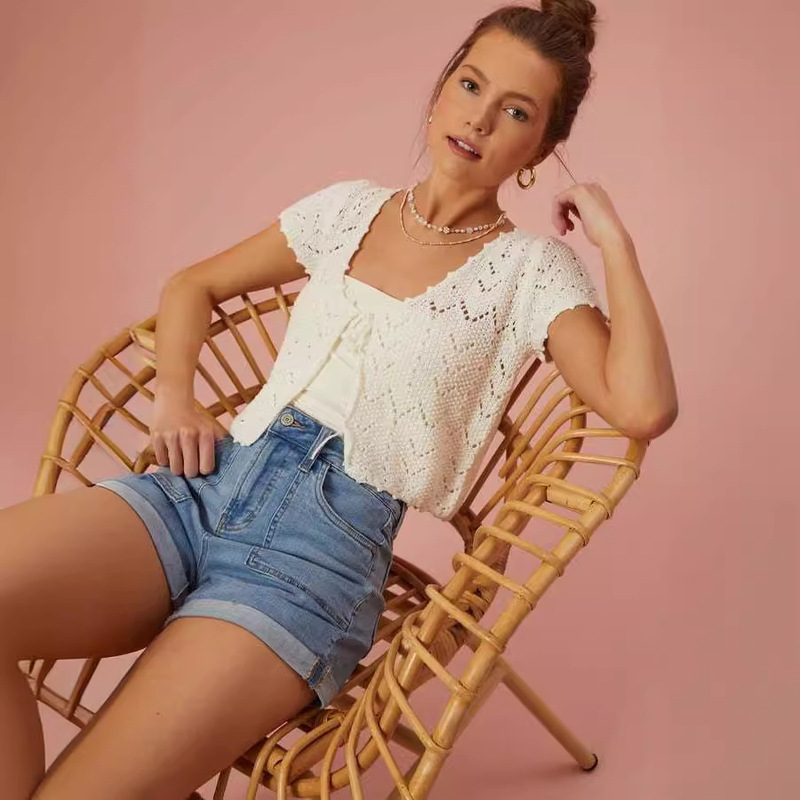 Spring and Summer 2024 New Cross-border European and American Amazon Hollow Short Sexy Navel Knitted Cardigan Short-sleeved Women