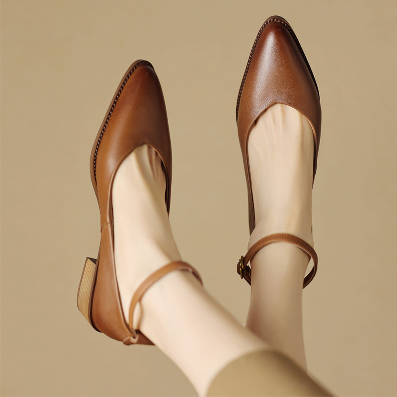 Giày Mary Jane nữ da cừu mũi nhọn gót thô miệng nông — Màu đen