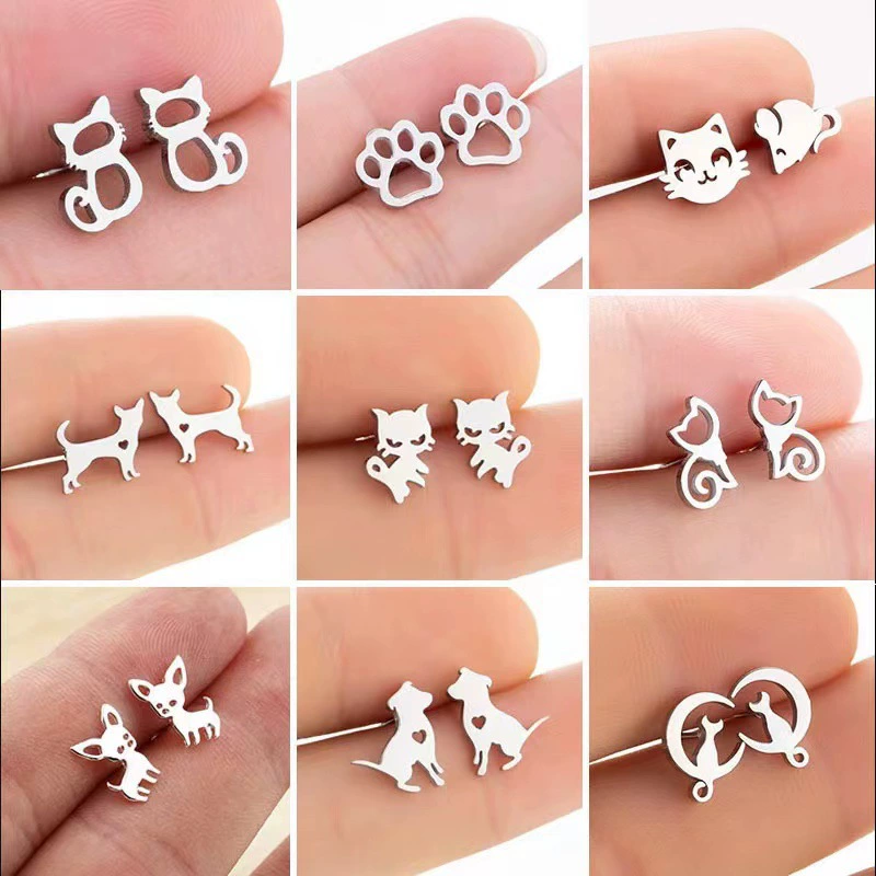 Серьги из нержавеющей стали, милые животные, простые элегантные гвоздики, несколько цветов