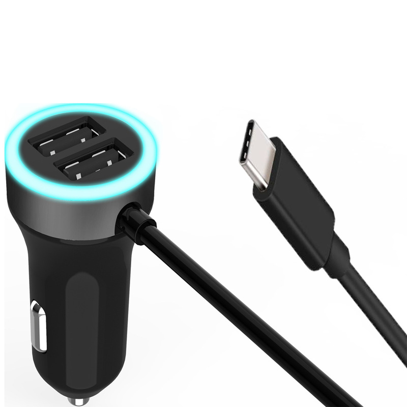 High-Quality Dual USB Car Charger with Straight Cable for Apple and Android Type-C Interface, High-End Smartphone Car Charging High-Quality Dual USB Car Charger with Straight Cable for Apple and Android Type-C Interface, High-End Smartphone Car Charging