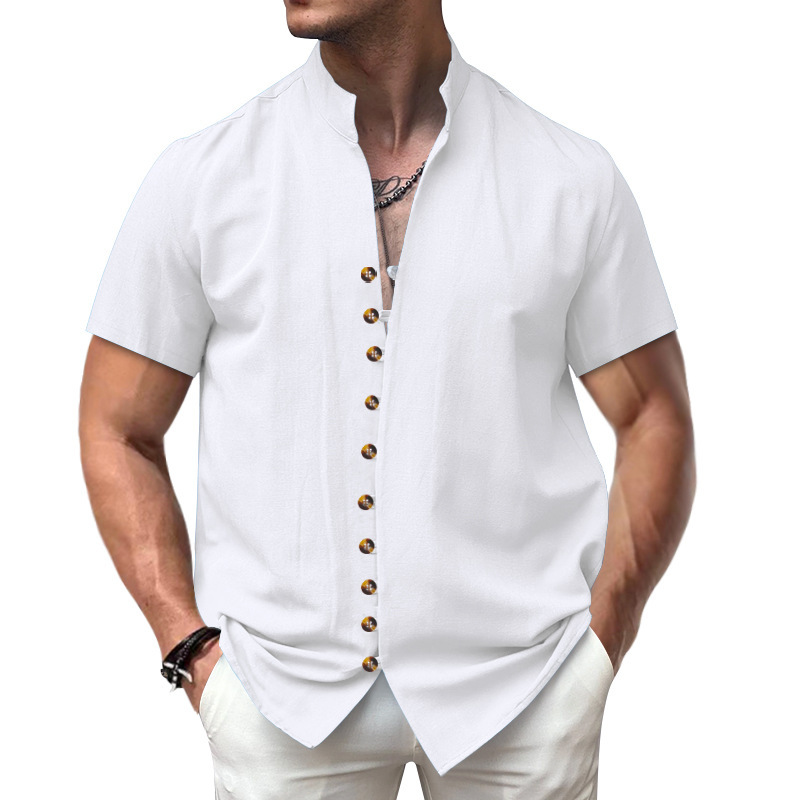 Camicia in lino da uomo con collo alla coreana e bottoni_voghion.com