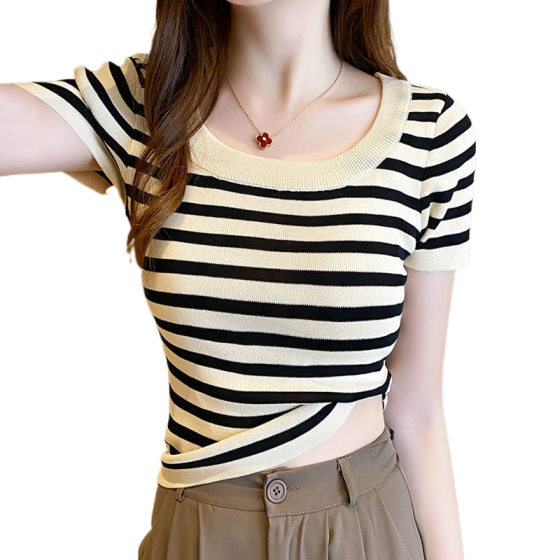 2025 Korean Style Summer New Arrival Striped Square Collar Ice Silk Short-Sleeved Top Flesh-Covering Slim Sweater