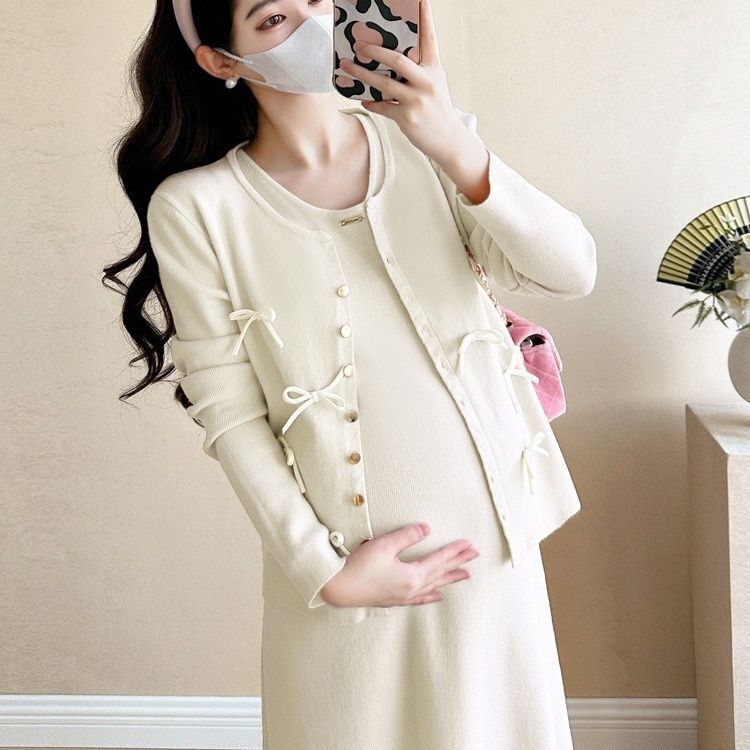 Pregnant Women's Spring and Autumn Dresses, New Style Long-Sleeved Knitted Cardigan and Vest Dress Set for Pregnant Moms