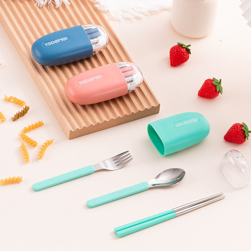 Stainless steel folding cutlery set of three (chopsticks, fork, spoon), portable, dust-proof plastic storage, outdoor travel, cross-border wholesale