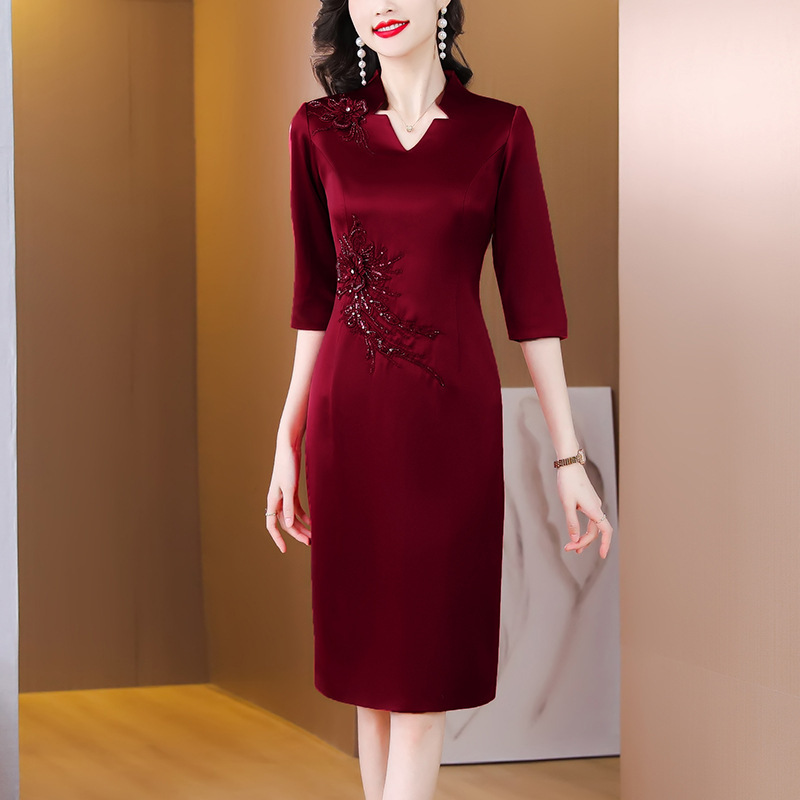 Xi mother-in-law wedding dress acetate satin dress 2023 autumn new fashion elegant retro slim dress