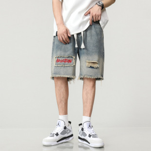 Large Size Men's Summer New Yellow Mud Ripped High Street Denim Shorts Men's Loose Plus Size Trendy Half Pants