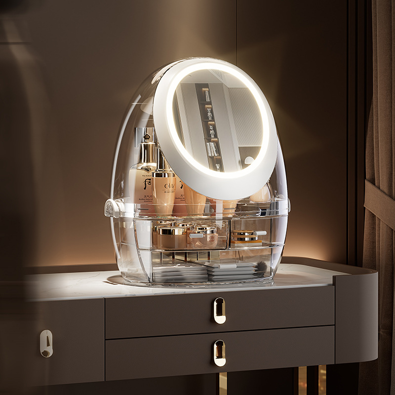 Caja organizadora de cosméticos transparente - Con luz, diseño de cajón antipolvo,神器 para dormitorio y escritorio, nuevo modelo