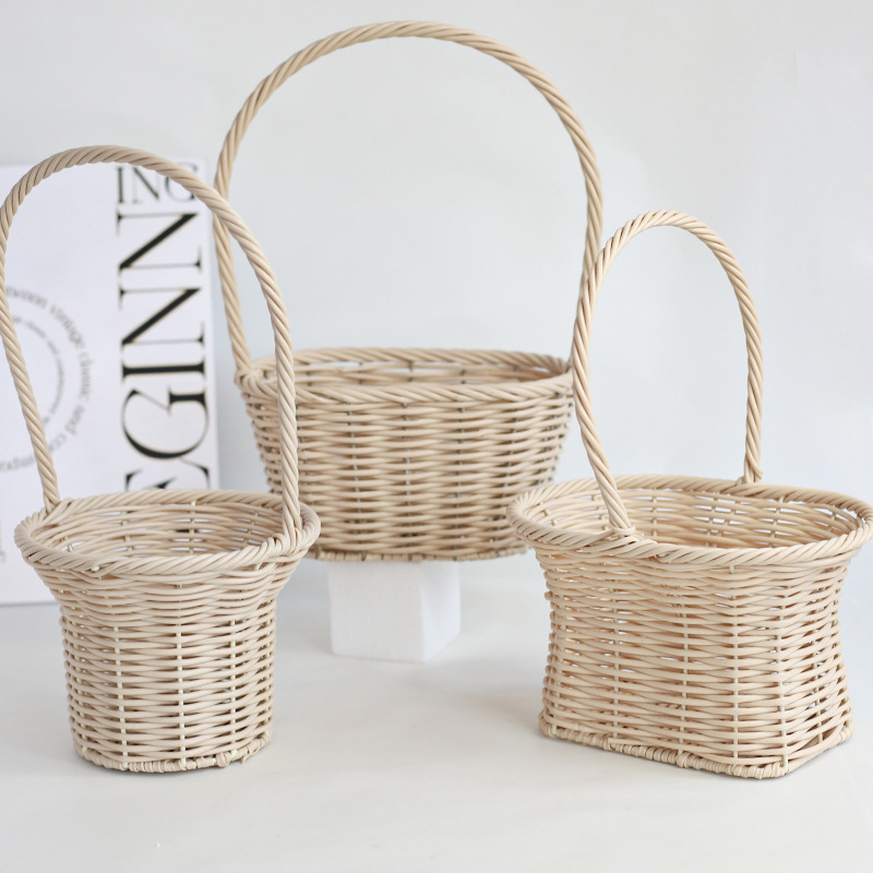 母亲节仿藤韩式手提花篮女神节花束花艺插花篮手工编织礼品篮批发