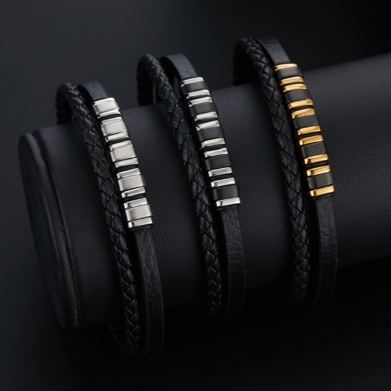 European and American Popular Stainless Steel Leather Bracelet for Men Multi-Layer Braided Leather Rope Bracelet Aliexpress Amazon Hot Sale