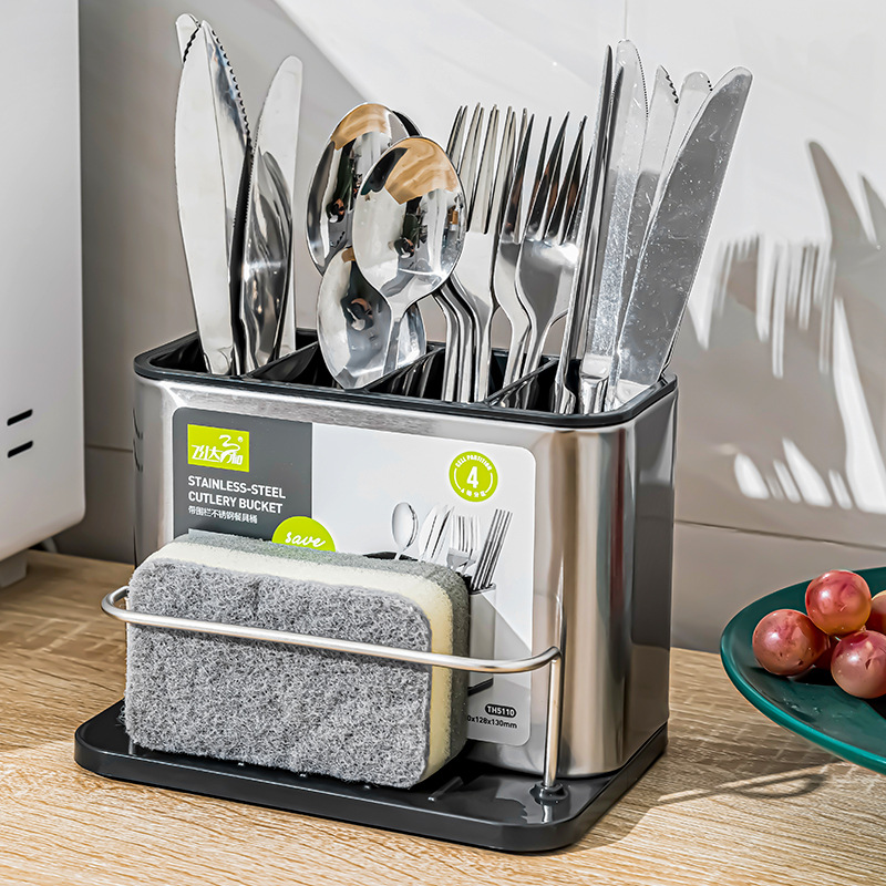 High-end stainless steel European-style chopstick holder with railing divided chopstick storage bucket knife holder fork stand for TEMU Amazon wholesale