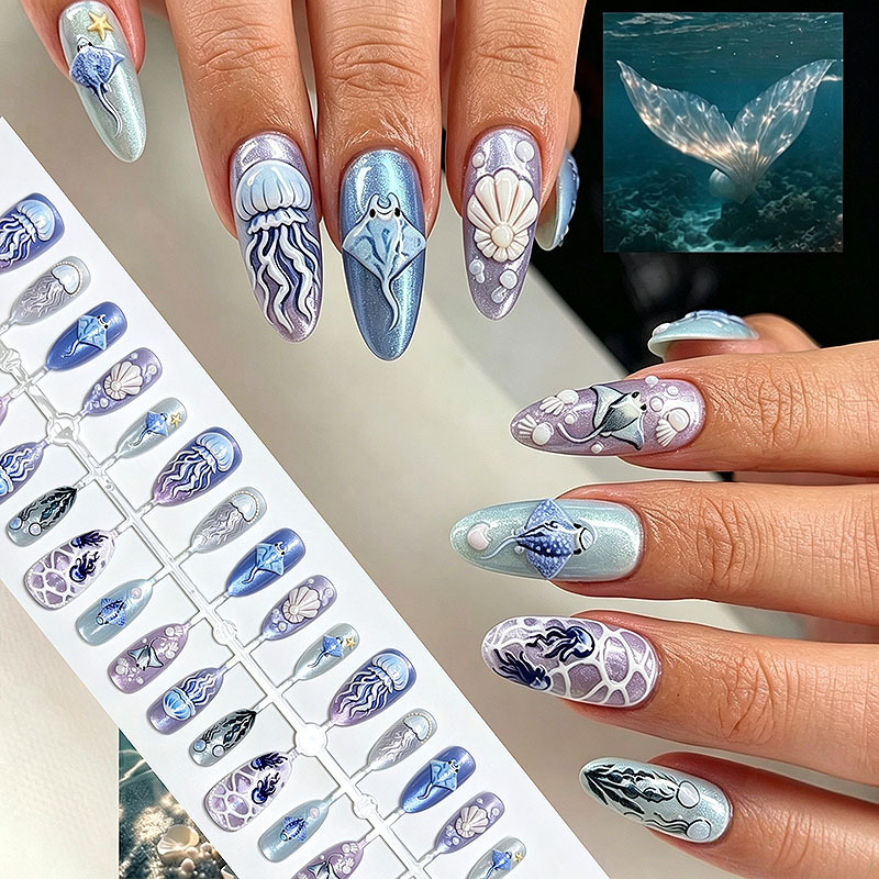 Summer Dreamy Blue Jellyfish Nail Art Cat Eye 3D Wearable Nails Shell Seaweed Embossed Whitening Fake Nails