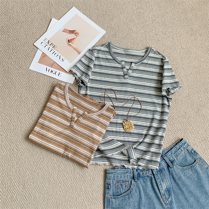 Casual Lazy Style Striped V-Neck Short Sleeve T-Shirt, Summer Loose Slimming Pullover Versatile Pure Cotton Top, Korean Version