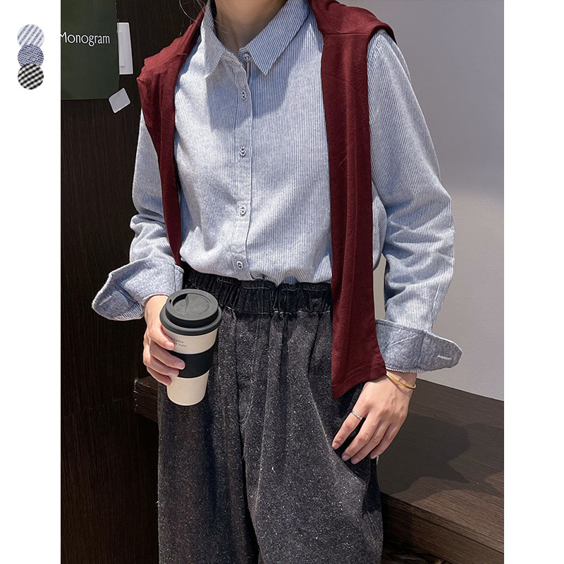 Plus Sutomi Autumn and Winter Pure Cotton Long-Sleeve Shirt for Women, Commuting Versatile Regular Shoulder Brushed Top