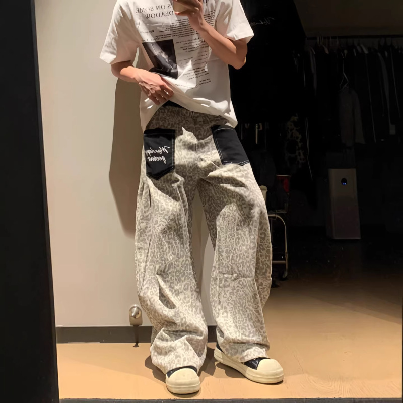 Cross-Border American Retro Leopard Print Patch Pocket Jeans Unisex Loose Street Casual Wide-Leg Denim Pants Cross-Border American Retro Leopard Print Patch Pocket Jeans Unisex Loose Street Casual Wide-Leg Denim Pants