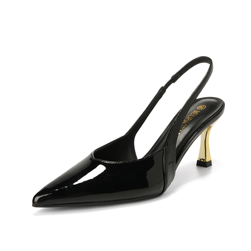 Sandalias de puntera de charol francés para mujer 2025 verano nuevo estilo de todo fósforo tacón de aguja puntiagudo hebilla temperamento tacones altos