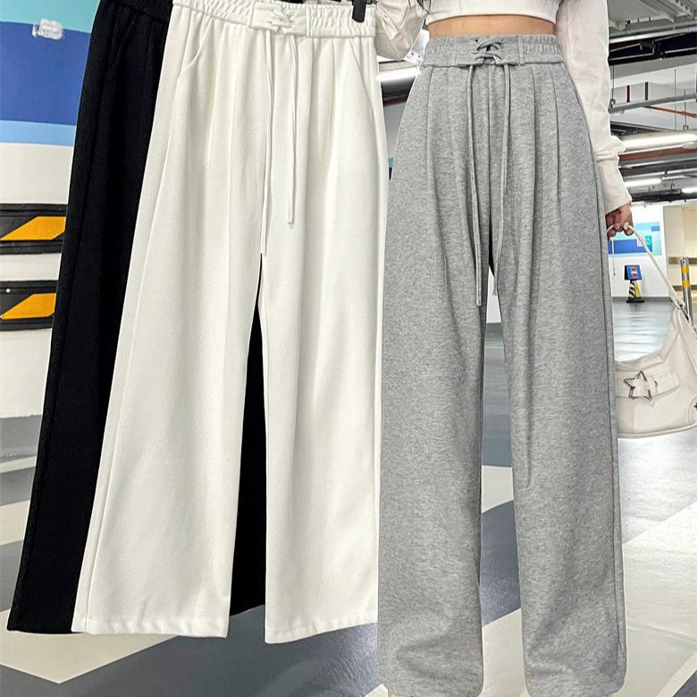 Solid Color Wide-Leg Pants for Women, Autumn and Winter 2025 New Style, Tie-Up Sports Pants, High-Waisted, Drapey, Straight-Leg, Floor-Length, Casual Sweatpants