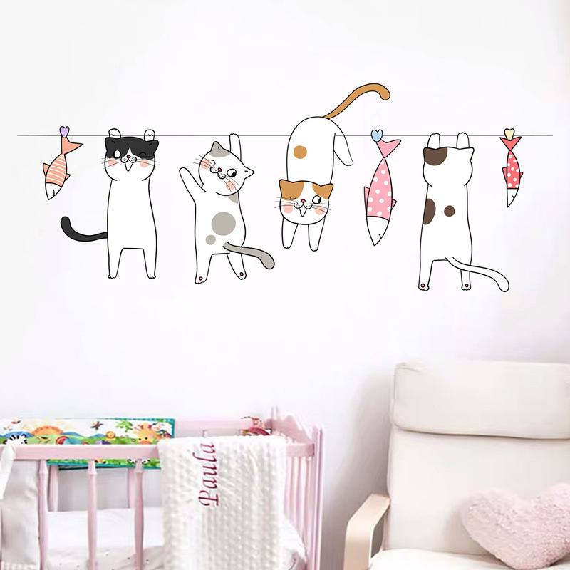 Br63988 Cartoon Funny Cute Clothes Drying Rack Cat Self-Adhesive Wall Sticker Living Room Bedroom Children's Room Decoration Sticker