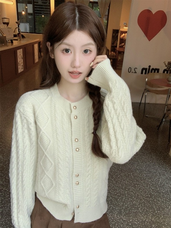 小香风加厚麻花圆领毛衣外套女春秋冬宽松小个子短款针织开衫上衣|undefined