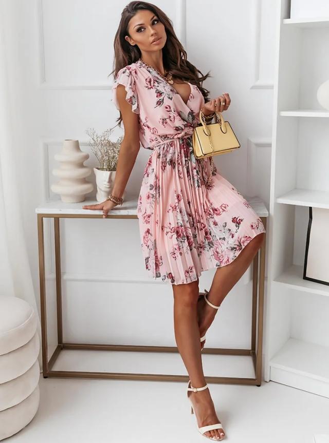 Fluttering Sleeve Floral Printed Pleated V-Neck Dress NSYF59323