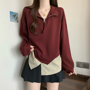 Red half zipper lapel shoulder sweater women's 2024 autumn and winter plus size chubby girl foreign style long fake two-piece jacket