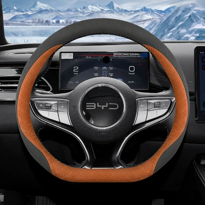 Steering wheel cover: Wheel Cover Seal - special-for-sealsseals-black-and-orange-suede-byd-hiace-07-ev