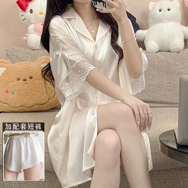 95 Silk Nightgown for Women, Summer Ice Silk Thin Short-Sleeve Sleepwear, Loose-Fitting Silk Nightwear for Pregnant Women, Sexy Summer Loungewear