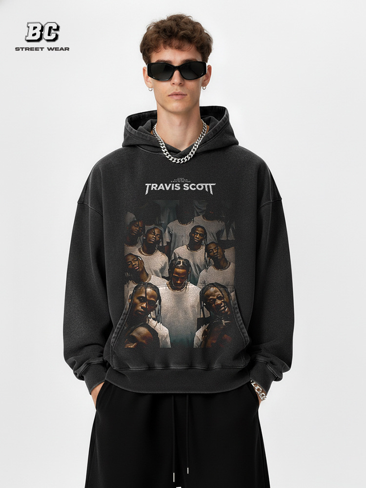 Bc Europa y América calle hip hop Travis Scott rap personaje impreso lavado apenado suelta manga corta Camiseta de los hombres