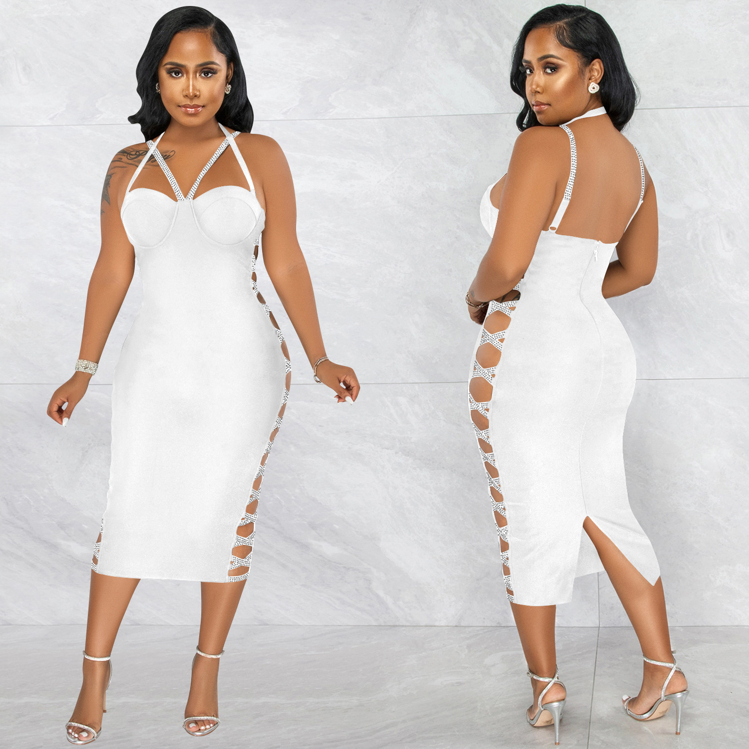 X5657 transfronteriza nueva AliExpress Ebay color sólido sexy Sling Hollow zipper vestido partido vestido de las mujeres image 4