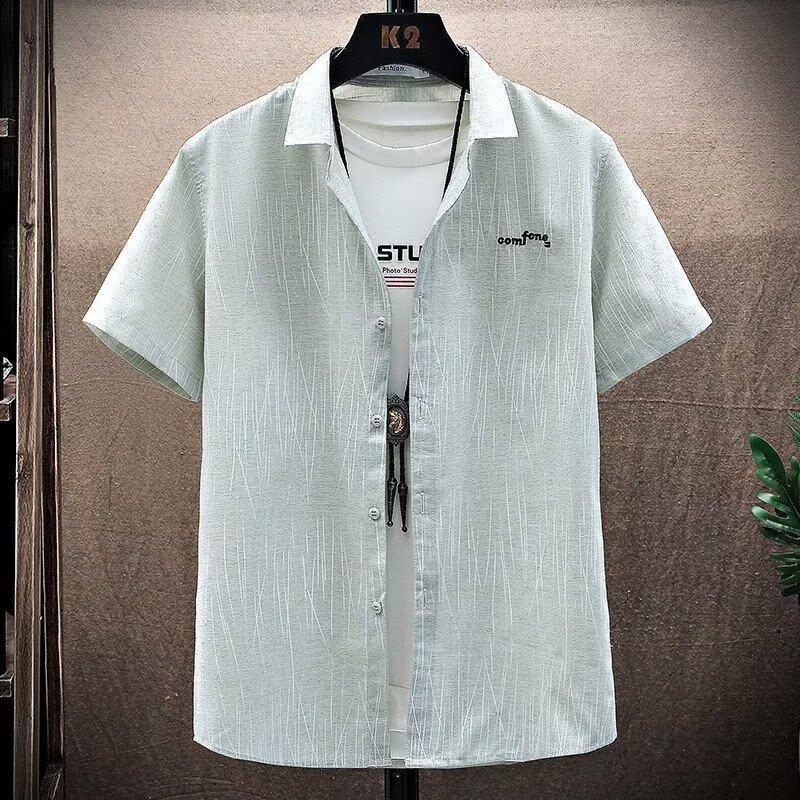 2026 Summer Men's Vertical Striped Shirt Short-Sleeved Square Collar Thin Slim Fit Business Gentleman Style