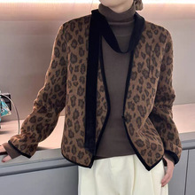 韩国双面羊绒羊毛呢子大衣2024秋冬丝绒飘带豹纹一粒扣短款外套女