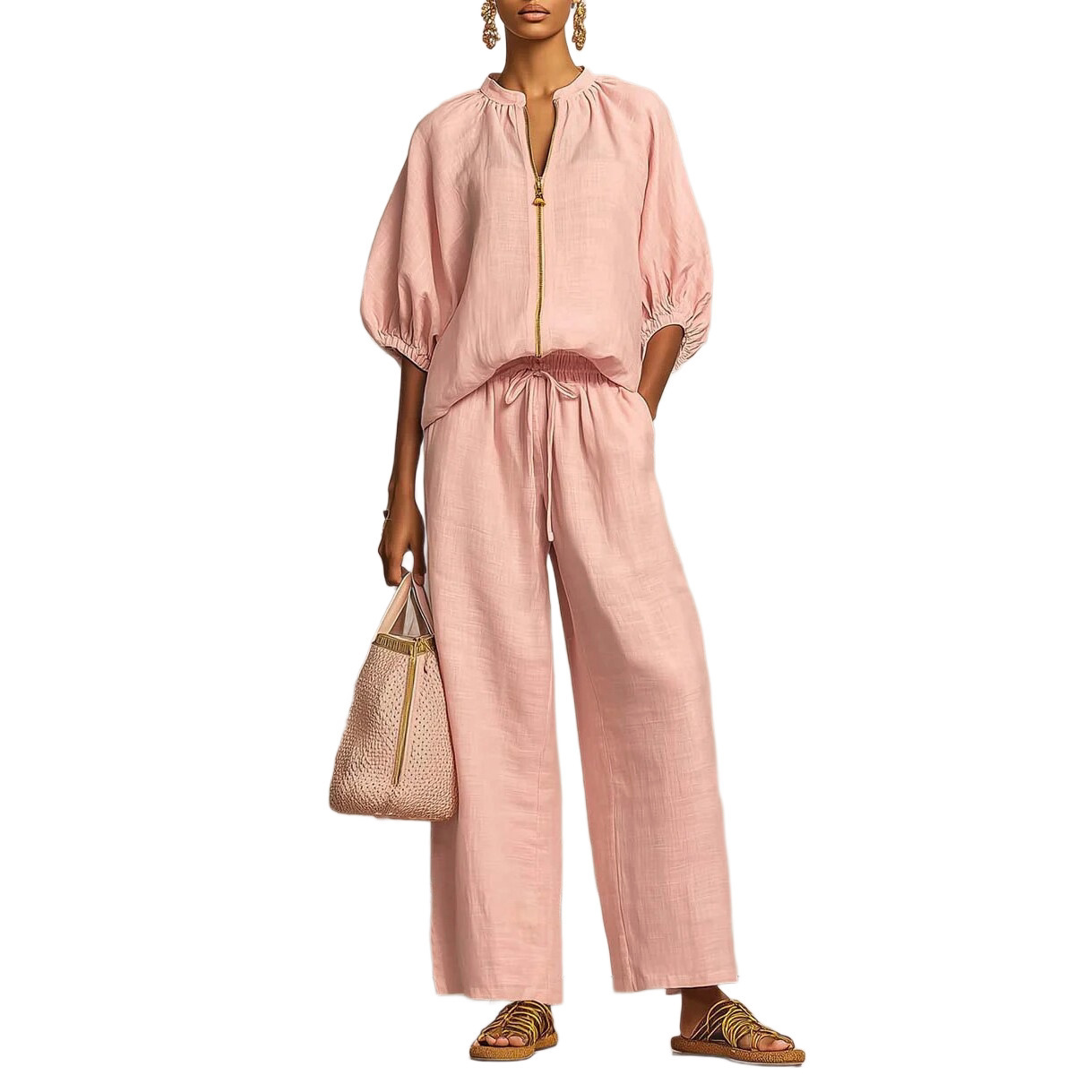Women's Clothing Summer Women's Wide Leg Pants Set Casual Loose Fit Solid Color Zipper Round Neck Top Bottoms Outfit Style_ecoleips.com