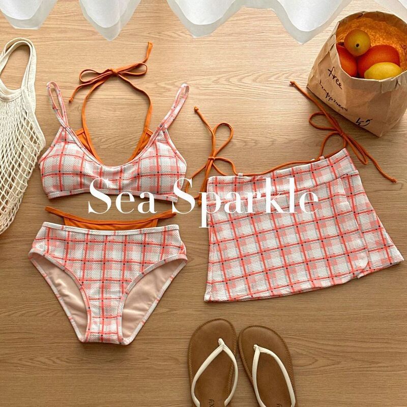 [Seasparkle] Tyrande Ins Retro Niche Plaid Splicing Split Swimsuit Three-Piece Vacation Hot Spring