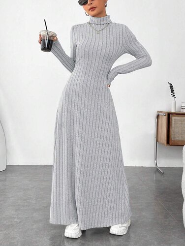 Women's European and American Autumn/Winter Elegance Ruffled High Collar Fashion Solid Color Pilling Long Sleeve Dress New Arrival