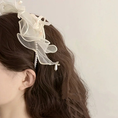 Gentle and alluring! French-style ethereal white mesh bow hair clip for women, high-end, high forehead hair accessory