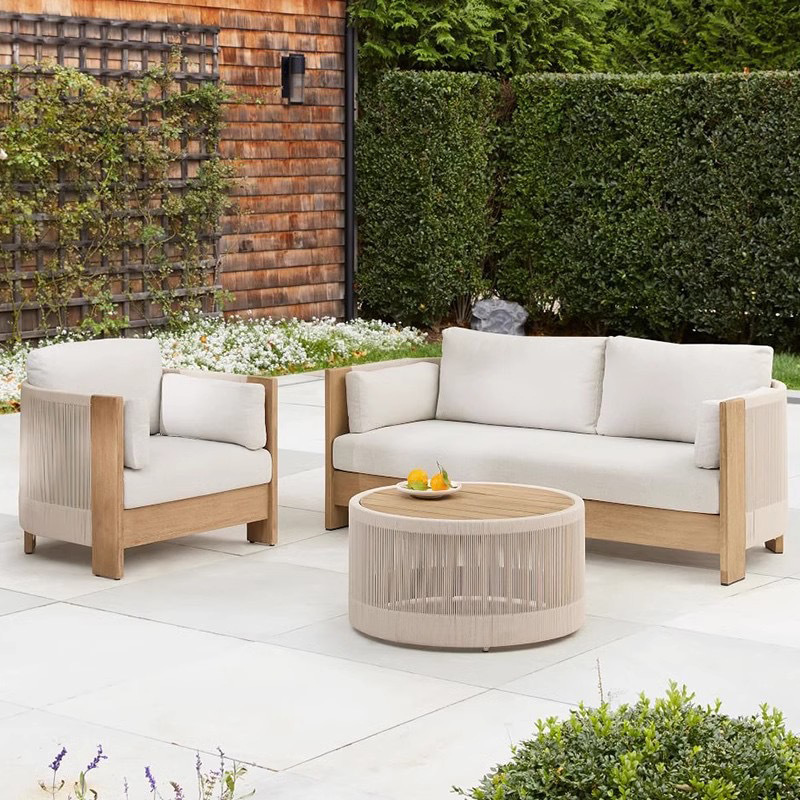 Sofá al aire libre de teca, patio, balcón, ocio, combinación de ratán de madera maciza, terraza de villa al aire libre, silla de ratán impermeable y de protección solar