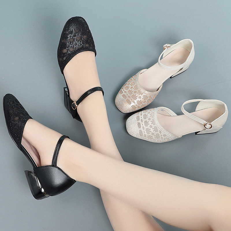 Sandal bít mũi nữ da thật lưới thoáng gót thấp — Màu be