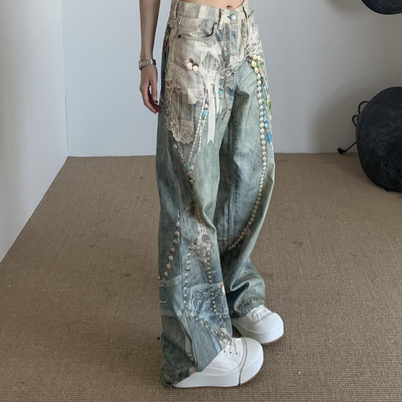 高版本AC25新款3D打印蕾丝珍珠链条直筒宽松高腰牛仔长裤男女|undefined
