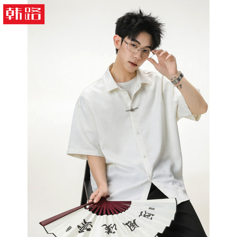 National Trend New Chinese Style Short-Sleeved Shirt for Men, Summer Breathable Style, Plum Blossom Texture, Metal One-Button Loose Casual Shirt