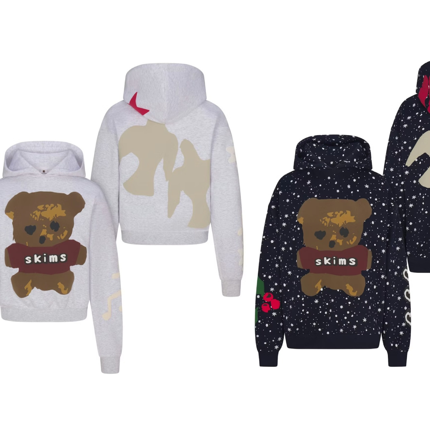Skims Kardashian Autumn and Winter New Bear Pattern Hooded Sweatshirt Loose and Versatile Casual Style Sweatshirt