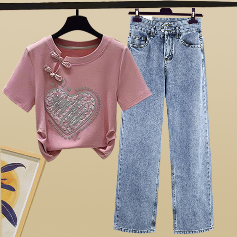 Denim suit# Short-sleeved T-shirt Women's National Style Chinese Buckle Love Summer Matching Korean Style Straight Slim Wide Leg Pants