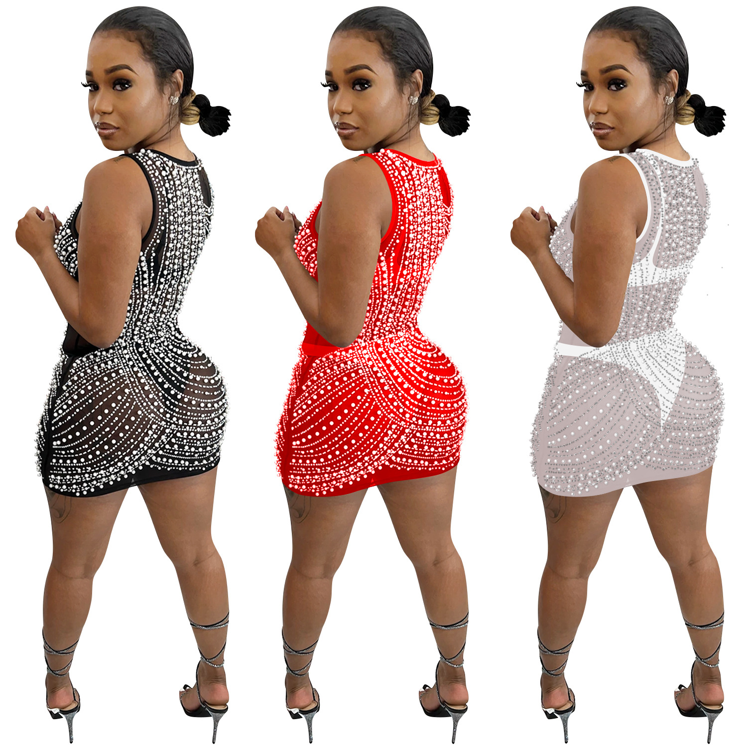 X5651 AliExpress Amazon moda sexy discoteca caliente rhinestone malla perspectiva cuello redondo suspender falda vestido image 5