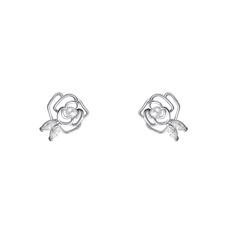 S999 Sterling Silver Camellia Zircon Stud Earrings Simple French_voghion.com