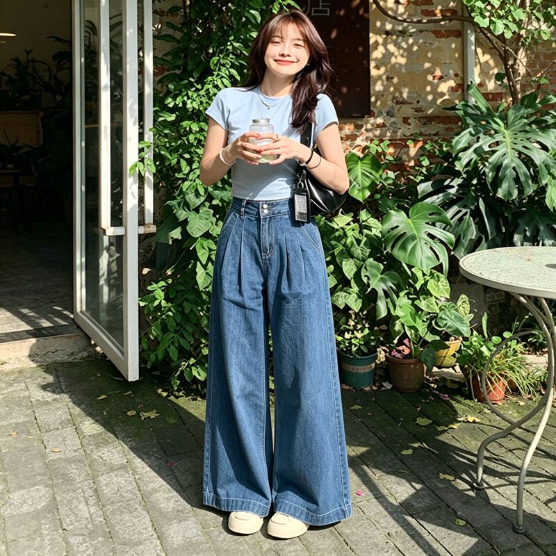 Dark Blue Denim Wide-Leg Pants for Women, 2026 Summer New Style, High-Waisted, Slimming, Loose, Fashionable, Versatile, and Flattering Casual Pants Dark Blue Denim Wide-Leg Pants for Women, 2026 Summer New Style, High-Waisted, Slimming, Loose, Fashionable, Versatile, and Flattering Casual Pants