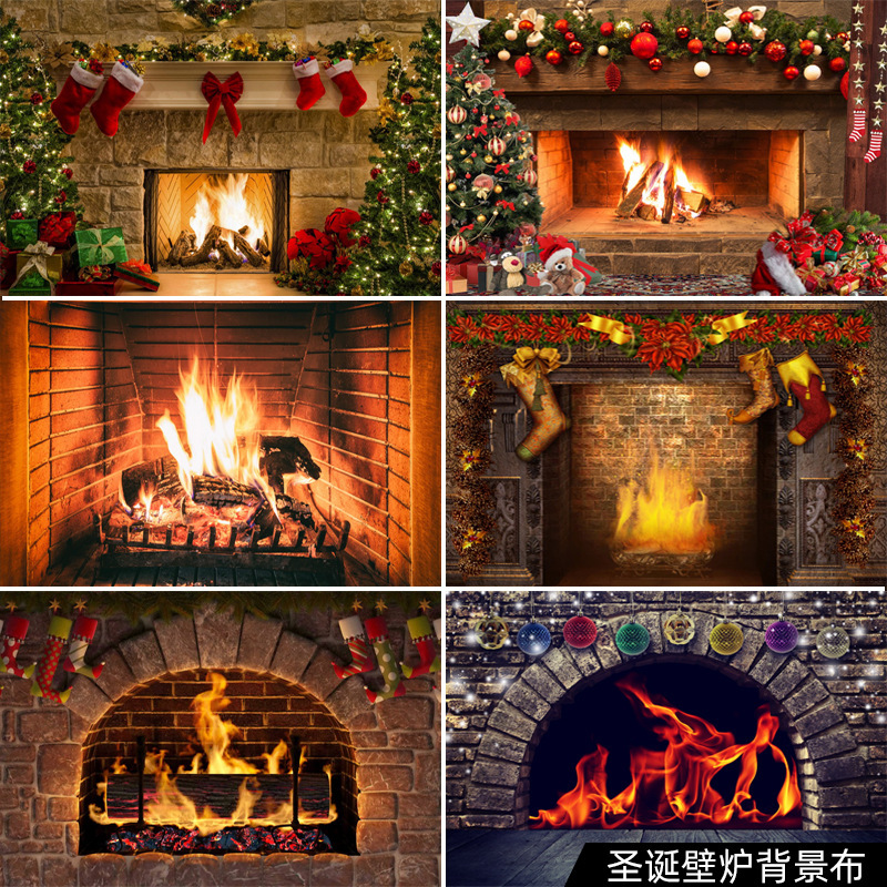 Winter Christmas Fireplace Burning Flame Photography Background Cloth Children Family Party Decoration Photo Gallery Photo