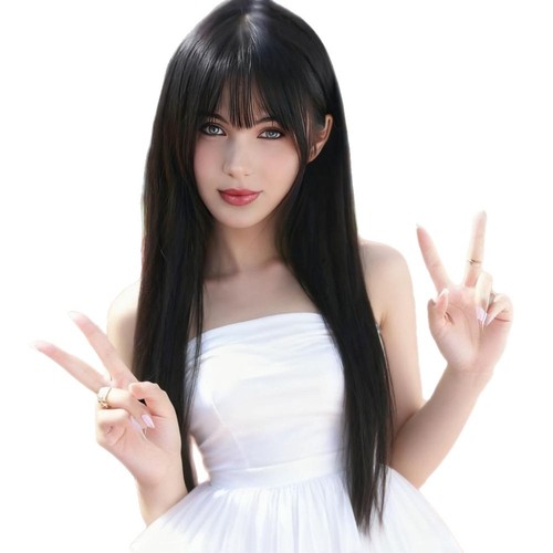 TEMU New Black Straight Long Air Bangs Full Lace Front Human Hair Wigs Full Head Wig